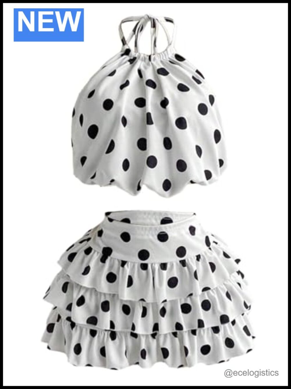 Winkbay Polka Dots 2 Piece Halter Crop Top Ruffle Skirt Set Y2K